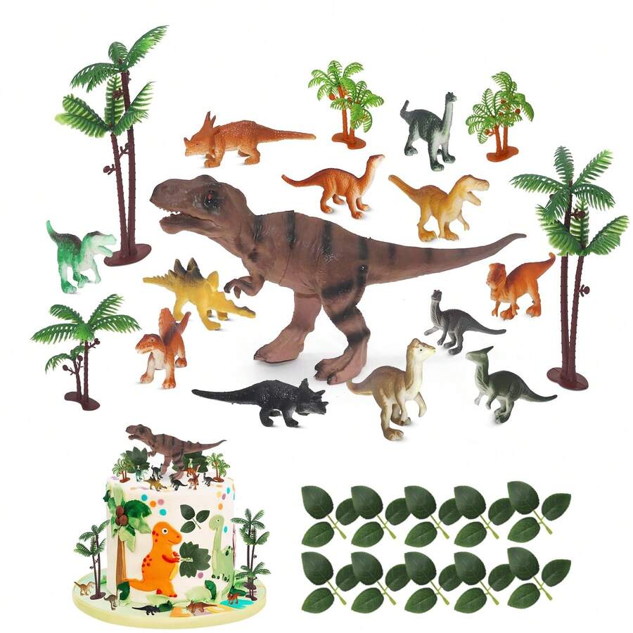 28pcs Realist Dinosaur Figures Cake Topper Set, Dinosaur Cake Decorations With Coconut Trees Green Leaves, Dinosaur Birthday Toppers Foy Party Supplies