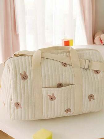 熊印花天鹅绒波士顿手提包，多功能大容量尿布包和婴儿必需品手提包，配有肩带，适合婴儿、青少年和成人