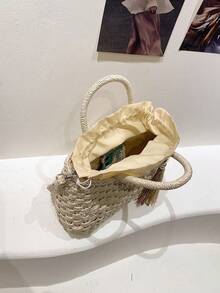 Vacation Casual Woven Fringe Drawstring Tote Bag, Fashion Summer Vacation Bag, Beach Essentials Women Bags For Vacation & Holiday - Beige - View 5