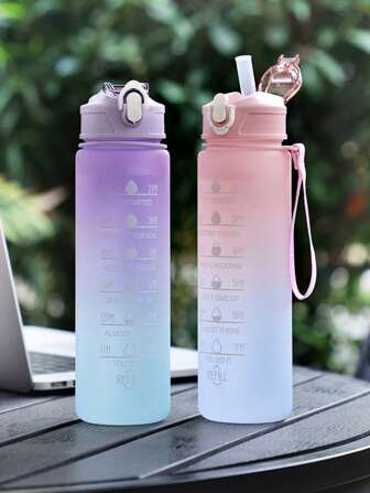 1pc 750ml Gradient Motivational Water Bottle - PC, Portable With Strap, Plastic Sports Cup With Inspirational Phrase, Ideal For Outdoor Sports & Fitness Enthusiasts