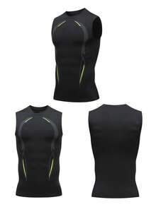 1件男士黑色运动塑身背心，科技印花牛奶丝速干紧身弹力塑身背心，户外训练打底背心，休闲时尚印花，适合篮球、足球、橄榄球等运动，春夏礼物 - 黑色 - 查看 4