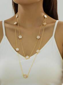 1pc Elegant Lucky White Clover Pendant Multi-Layered Long Necklace For Women