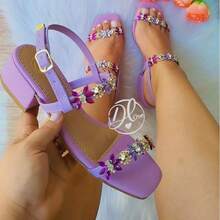 Women's Sandals Low Block Heel Thick Comfortable Rhinestones Feminine Casual Woman - 紫丁香色 - 查看 4