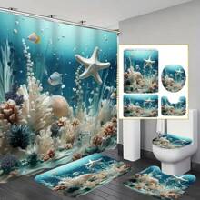 1/4pcs Seashell & Starfish Print Bathroom Set, Decorative Shower Curtain Set Including Curtain, Anti-Slip Mat, Toilet Cover, Bath Mat And 12 Plastic Hooks, Bathroom Accessories, Home Decor Home Bathroom Decor Summer Back To School