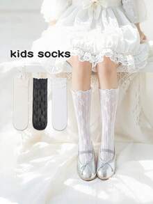 2 Pairs Girls Lace Flower Frill Trim Mid-Calf Mesh Breathable Stockings, Lightweight Summer - Multicolor - View 3