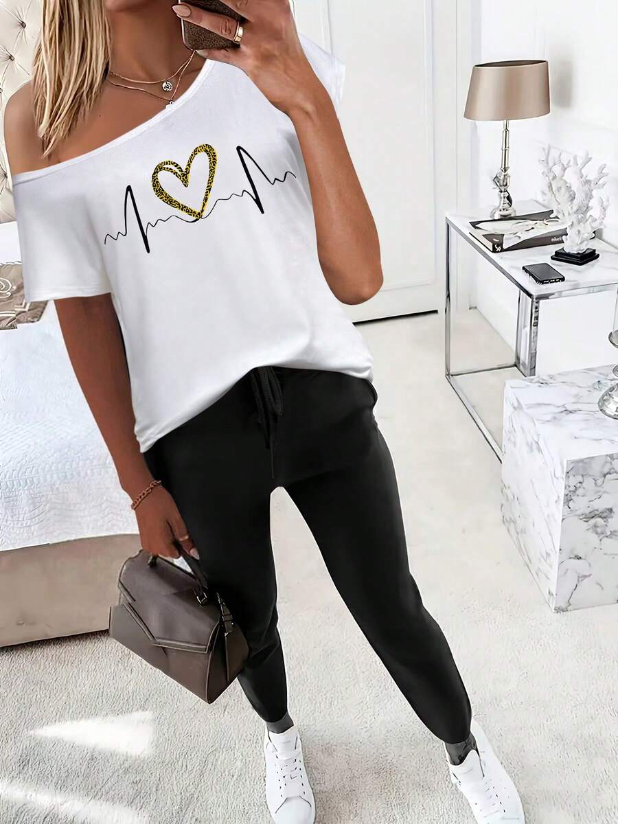 2件套女士时尚休闲印花短袖上衣和裤子套装