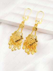 Dubai Fashionable Women's Hollow Flower Plated Gold Middle Eastern New Year Wedding Tassel Earrings, Gift For Party