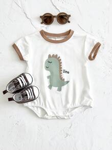 Newborn Baby Boy/Girl Cute Cartoon Dinosaur & Letter Print Short Sleeve Button-Up Romper, Summer