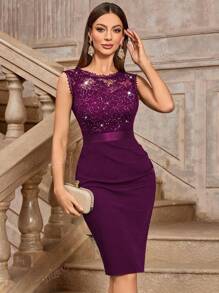 MIUSOL Vestido ajustado de cóctel con cuello redondo sin mangas, con encaje y lentejuelas con diseño floral clásico