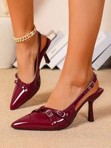 Women's Cat Heels Pointy Toe Pumps, Black Patent Leather Stiletto High Heels, Bridesmaid Red Wedding Shoes, Versatile Buckle Strap Elegant Sandals - Burgundy - View 4