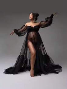 Irresista Maternity Dotted Mesh Sheer Lantern Sleeves Dress Side Slits Sexy Maxi Robe For Photoshoot - Black - View 9