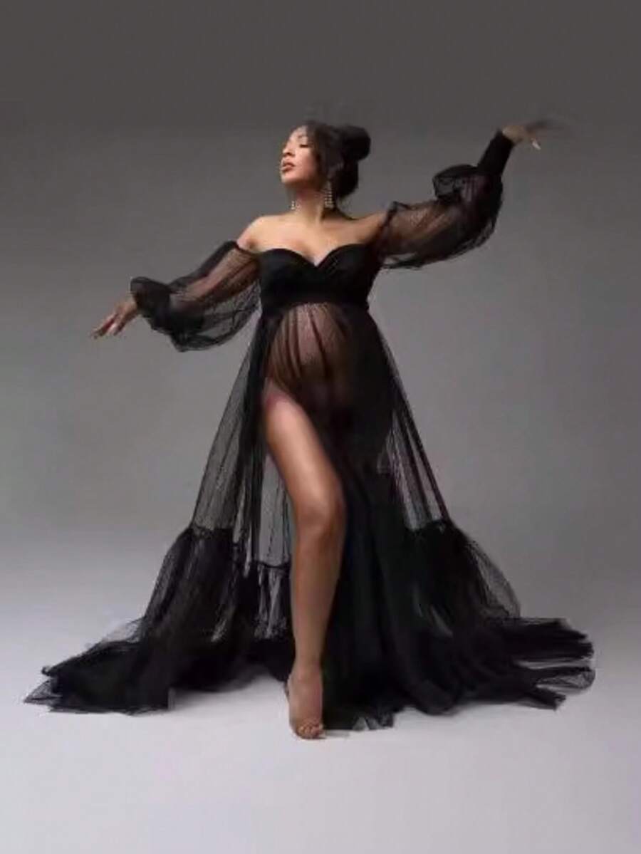 JustVH 孕妇波点网纱灯笼袖连衣裙，侧开衩，性感长款睡裙，适合拍照 - 黑色 - 查看 1