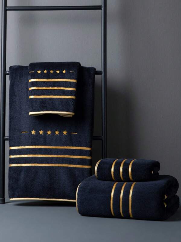 1pc Large Bath Towel, Polyester, Black, Minimalist Solid Color With Embroidered Star Pattern, Oversized 86*170cm Rectangle OR 34*75cm Small Hand/Face Towel, Absorbent Quick-Dry Soft, Unisex For All Seasons, Suitable For Bathroom, Hotel, Party, Beach, Travel, Sports, Gifts, Pool, Salon, Outdoor, Gym Home Bathroom Decor Fall Decor Back To School For Beauty Salon Home Bathroom Shower Towels For Beauty Salon, Hotel Sports,Home Essentials, Towel, Skin Care