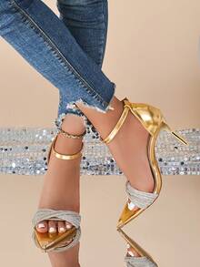 Women's Sexy High Heel Sandals With Rhinestone Strap, Pointed Toe, Stiletto, Stylish For Parties - Gold - View 6