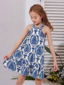 Young Girl Vacation Halter Neck Ruffle Trim Printed A-Line Sleeveless Dress, Perfect For Summer & Beach Holiday