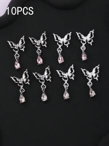 10 pezzi di decorazioni a forma di farfalla 3D, pendenti a goccia d'acqua, accessori per unghie, gioielli in lega 3D di colore argento e rosa, adatti per decorazione fai-da-te delle unghie