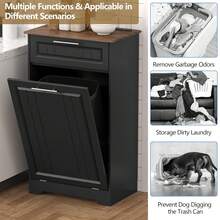 Single 10 Gallon Tilt Out Trash Can Cabinet, Wooden Hidden Garbage Can Holder With Storage Drawers For Kitchen And Dining Room, Laundry Hamper Cabinet For Bathroom, Black - Black - View 5