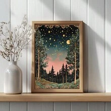 1 幅月亮和星星墙面艺术画黑暗森林印刷帆布画森林萤火虫海报复古风景装饰卧室、客厅或办公室墙壁装饰礼物送给她无框