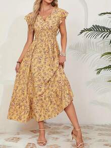 Printed Waist Tie A-Line Mini Dress With Ruffle Hem Sleeves, Holiday Vibe - Yellow - View 5