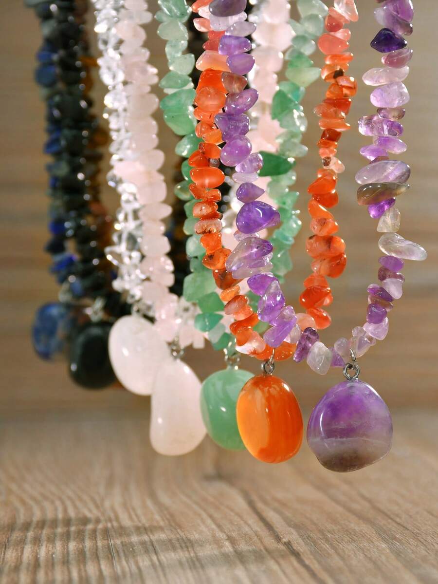 Vintage Natural Stone Pendant Necklace, Asymmetrical Boho Amethyst Crystal Choker Necklace, Suitable For Music Festivals Wear - Multicolor - View 1