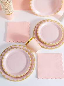 1 Set Of 25pcs Light Pink & Golden Flower Rim Disposable Plate, Napkin And Cup, Suitable For Birthday, Wedding, Party, Family Picnic, Disposable Use Paper Plate Dinnerware Set