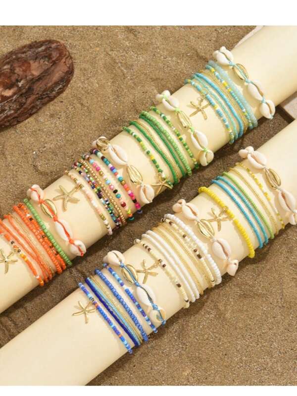 1 Set Summer Beach Vacation Bohemian Shell Rice Bead Bracelet Starfish Pendant 7-Piece Set