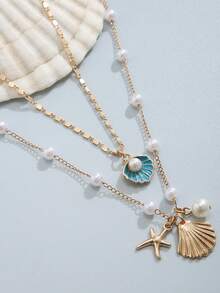 2pcs/Set Beach Style Metal Starfish Pearl Shell Necklace Set, Vacation Jewelry (Assorted Pearl Quantity) - View 3