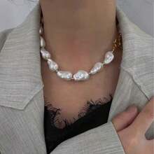 1pc Vintage-Inspired Gold Beaded Baroque Pearl Stainless Steel Lobster Clasp Necklace - White - View 6