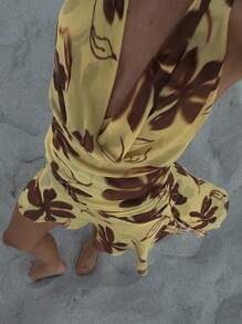 Beach Holiday Printed Lace-Up Butter Yellow Dress For Women Sexy Halter Neck Backless Mini Dress Elegant Sleeveless Robe Graduation Outfit