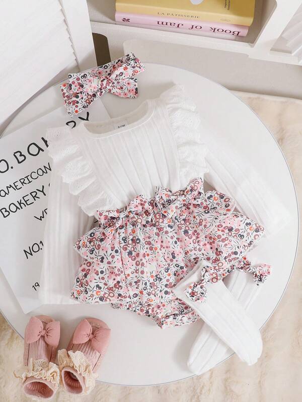 Conjunto de 3 piezas para niña bebé de primavera/verano: mono de manga corta lindo, diadema floral y calcetines con lazos