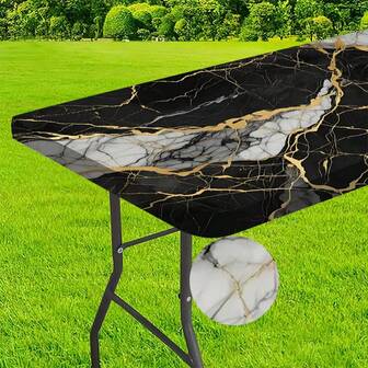 1pc Machine Washable Outdoor Tablecloth, Black & Gold Marble Print Table Cover - Polyester Elastic Edging, Suitable For Camping, Picnics And Garden Parties, Vibrant Color, Outdoor Tablecloth, Picnic Accessory, For Indoor And Outdoor Use