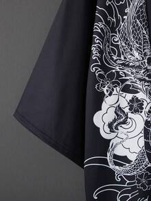 Chinese Style Retro Improved Hanfu Dragon Robe Print Cover Up, Loose Beach Cover Up Kimono Robe For Summer - Black - View 5