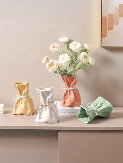 1PC Boho Farmho Linen Inspired Ceramic Like Plastic Vase Textured Surface, Home Centerpiece Wedding Ho warming Unisex Rustic Tabletop ation Room Flower Glass view 4