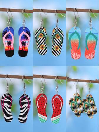 假日风格夏日海滩波浪棕榈树日落木质双面耳环女士；条纹向日葵西瓜斑马图案沙滩拖鞋耳环；条纹向日葵海洋风格沙滩拖鞋耳环女士，木质双面耳环珠宝礼物