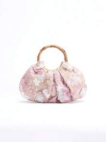 1pc Colorful PVC Sequin Patched Mesh Floral Embroidery Cloud Decor Foldable Linen Beach Tote Bag, Fashionable Unique Design For Women, Suitable For Summer Beach Holiday (Floral Pattern Random), Sparkling Sequin Bags Ladies Elegant - Pink - View 4
