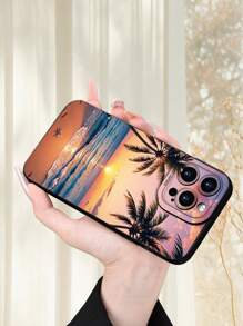 Summer Phone Case Iphone1pc Beautiful Sunset Beach Printed 2D Pattern Creative High-End Casual Vacation Sunset Beach Aesthetics Style Suitable For Sending To Elders, Friends, Family, Couples, Yourself Birthday Gifts, Holiday Gifts, Black Frosted Soft Case With Full Protection Against Dust And Water, Compatible With IPhone16/15/14/13/12/11/Pro/ProMax/X/XR/XS/XSMAX/7/8/PLUS And Models