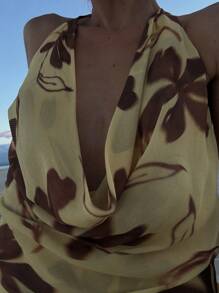 Beach Holiday Printed Lace-Up Butter Yellow Dress For Women Sexy Halter Neck Backless Mini Dress Elegant Sleeveless Robe Graduation Outfit