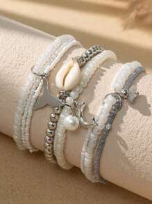 Conjunto de 3 pulseiras de pérolas em camadas, estilo boêmio, praia, concha, tartaruga, rabo de peixe, design versátil