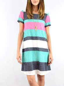 Boho Retro Rayon Cool Soft Summer Cuff Short Sleeve Crew Neck T Shirt Mini Dress Tunic With Pockets - 水藍色 - 查看 2