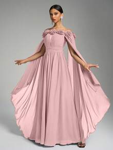 SUPGIR Off Shoulder Cape Flared Sleeve Chest Flower Decor Pleated Waist Chiffon A-Line Formal Dress - Hồng - Xem 4