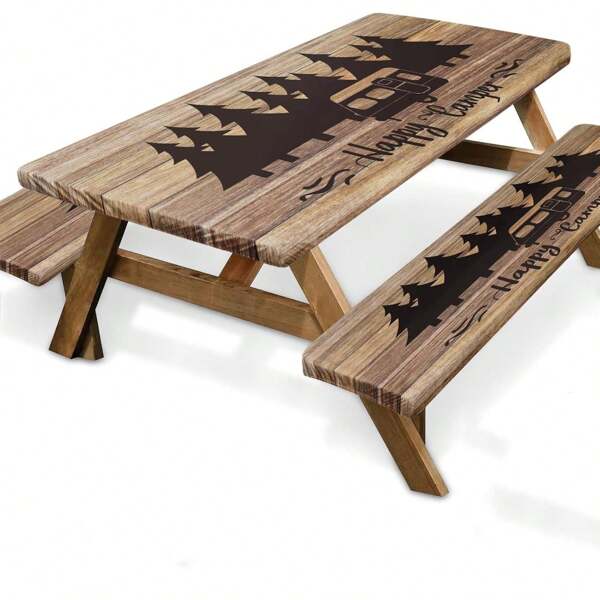 Conjunto de mesa de picnic de 3 piezas de madera con diseño "Happy Camping" - Cubiertas de mesa y bancos de poliéster, bordes elásticos, ideal para patio al aire libre y accesorios de camping, 72 pulgadas, Accesorios de camping | Cubierta de mesa decorativa | Cubierta con bordes elásticos
