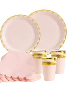 1 Set Of 25pcs Light Pink & Golden Flower Rim Disposable Plate, Napkin And Cup, Suitable For Birthday, Wedding, Party, Family Picnic, Disposable Use Paper Plate Dinnerware Set