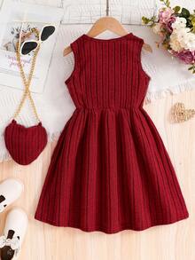 Lovely Sweet Girls Casual Summer Dress, Young Girl Solid Ribbed Knit Sleeveless Princess Style Dress With Matching Heart Crossbody Bag, Versatile Fashionable Outdoor Everyday Spring/Summer Outfit, Comfortable Soft Girl's Youth Vibrant Summer Clothing