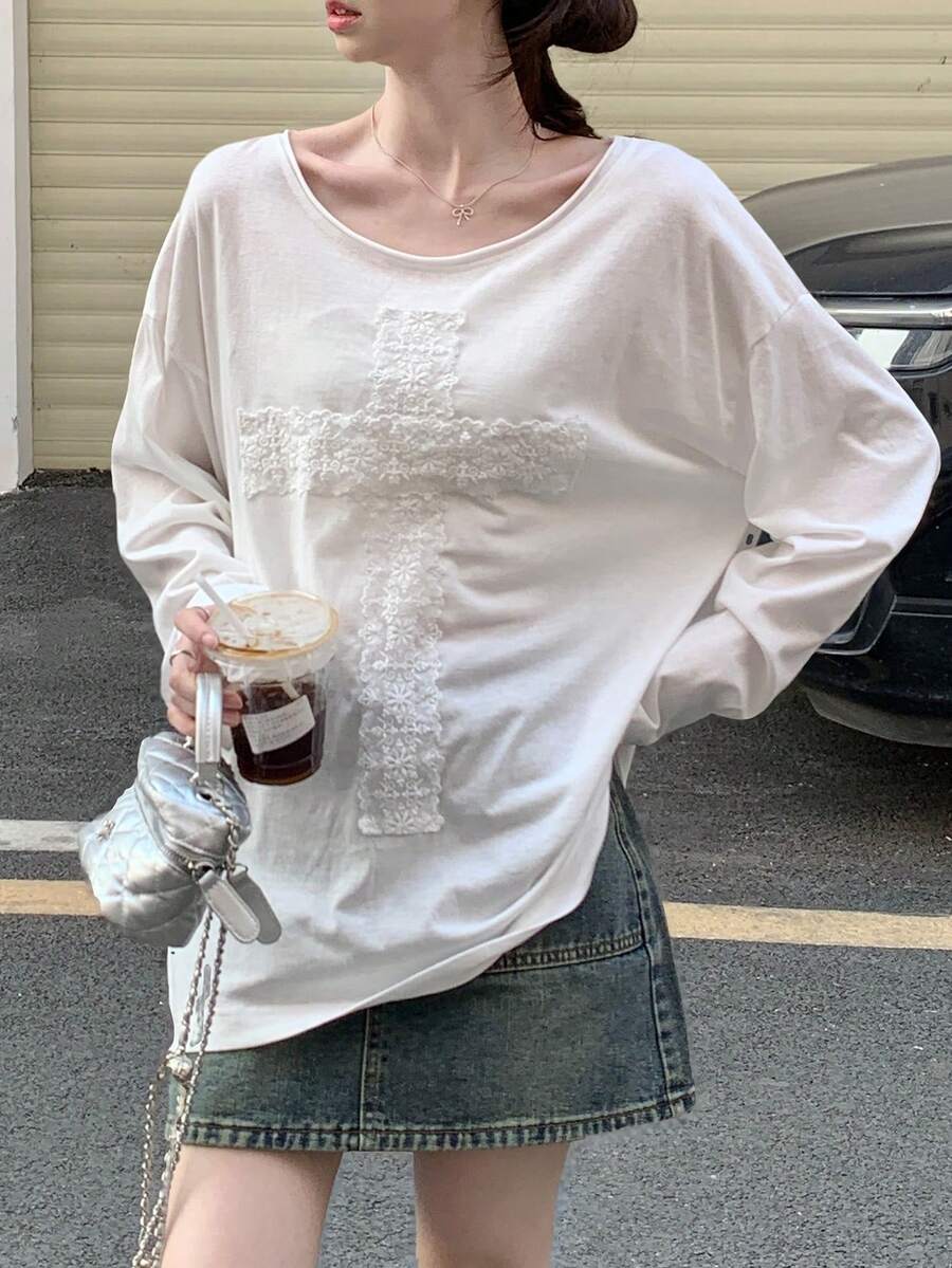 1件女士宽松蕾丝长袖T恤打底衫休闲白色春季款 - 白色 - 查看 1