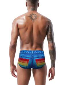 Men's Triangle Swimming Trunks With Denim Print Pattern, Ideal For Beach, Swimming, Surfing And Vacation