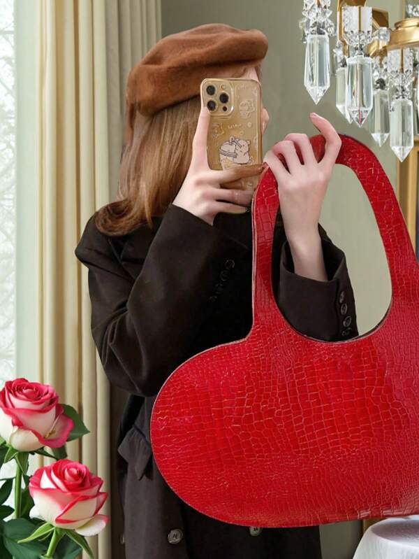Large Capacity New Fashion Heart-Shaped Underarm Bag, Versatile Tote & Shoulder Bag For Evening Party, Asymmetrical Stone Texture