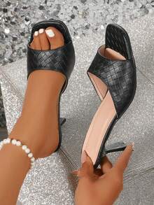 [Marble Pattern High Heel Sandals] Minimalist And Elegant Summer High Heel Sandals - Strap Design, Marble Pattern - Easy To Slip On And Off For Dates Or Formal Events - Black - View 1