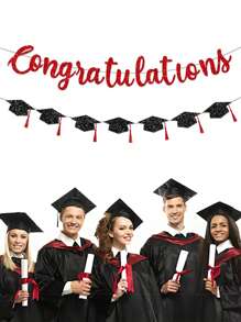 1 Set Glitter Pink & Black 2025 Graduation Congratulations Banner, Paired With Graduation Cap Hanging Flag Decorations, Suitable For Graduation Ceremony And Party Decoration