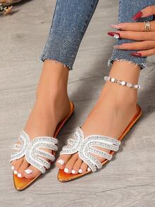 Spring & Summer New H-Shaped Slippers For Women, Fashionable Casual Strap Roman Style Slip-On Sandals, Black/Beige/Brown Flat Embossed Slides, Blogger Recommended Desert Keychain French Elegant Rhinestone Platform Wedge Thong Sandals, Summer Beach Shoes, Minimalist Indoor & Outdoor, Crocodile Print Metal Decor Flat Strap Sandals - Orange - View 3