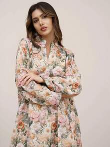 1pc Women's Traditional Arabic Style Chiffon Print Lightweight Breathable Bell Sleeve Dress, Middle East Jalabiya Dress